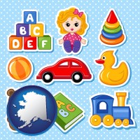 alaska map icon and a variety of toys