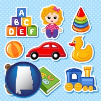 alabama map icon and a variety of toys