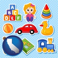 california map icon and a variety of toys