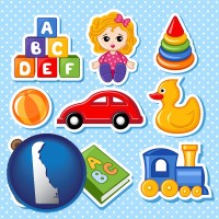 delaware map icon and a variety of toys
