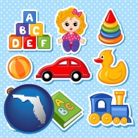 florida map icon and a variety of toys