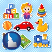 idaho map icon and a variety of toys