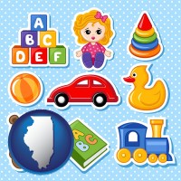 illinois map icon and a variety of toys