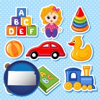 kansas map icon and a variety of toys
