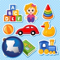 louisiana map icon and a variety of toys