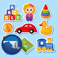 maryland map icon and a variety of toys