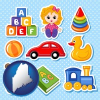 maine map icon and a variety of toys