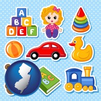 new-jersey map icon and a variety of toys