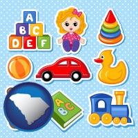 south-carolina map icon and a variety of toys