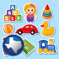 texas map icon and a variety of toys