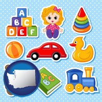 washington map icon and a variety of toys