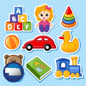 a variety of toys - with Nebraska icon