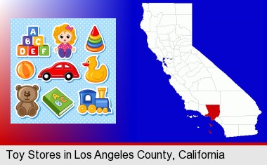 a variety of toys; Los Angeles County highlighted in red on a map