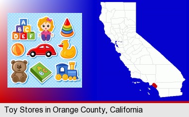a variety of toys; Orange County highlighted in red on a map
