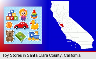 a variety of toys; Santa Clara County highlighted in red on a map