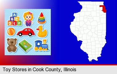 a variety of toys; Cook County highlighted in red on a map