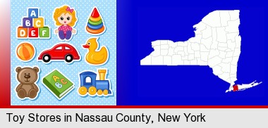 a variety of toys; Nassau County highlighted in red on a map